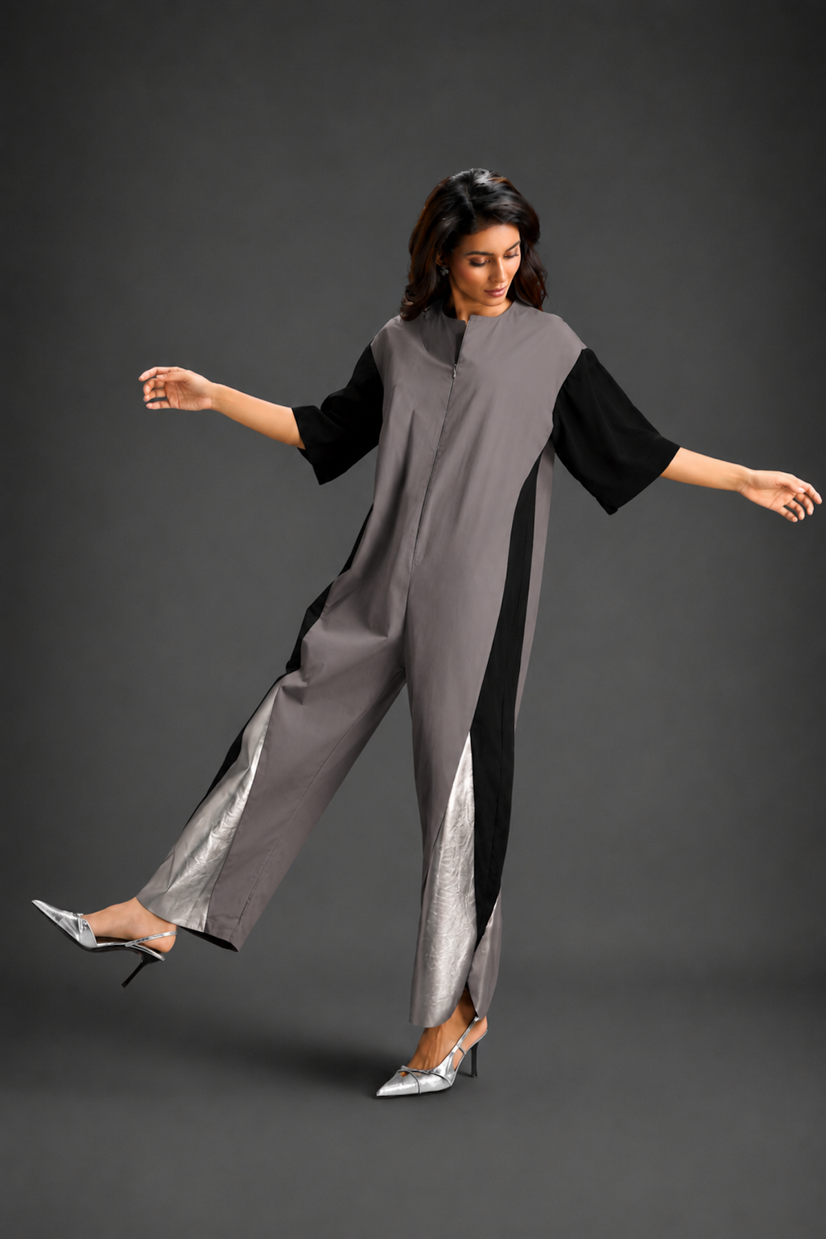 Colorblock Jumpsuit In Warm Grey , Black & Metallic Panels With Relaxed Fit
