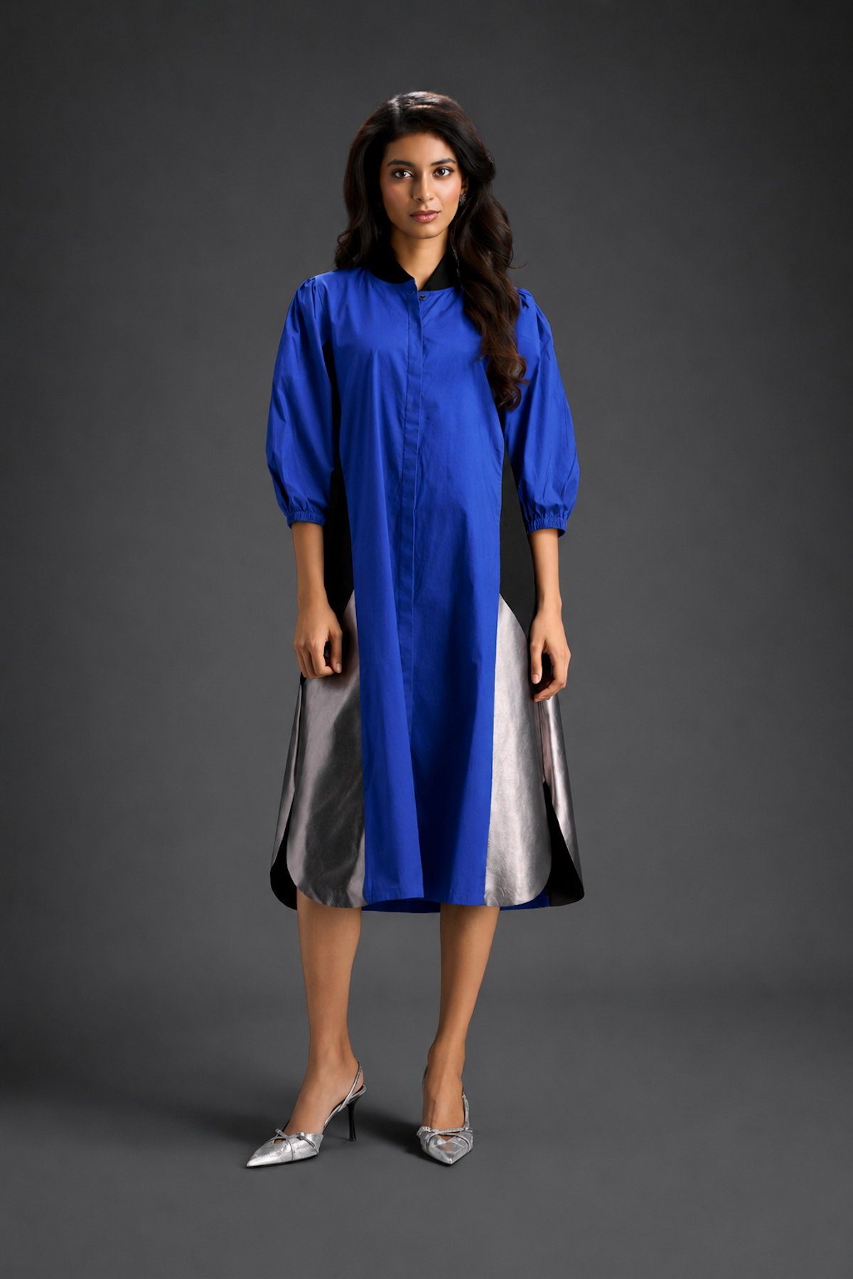 Blue Shirt Dress With Black Panels And Metallic Side Detailing