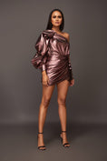 Load image into Gallery viewer, Copper One Shoulder Puffed Sleeve Metallic Foil Short Dress
