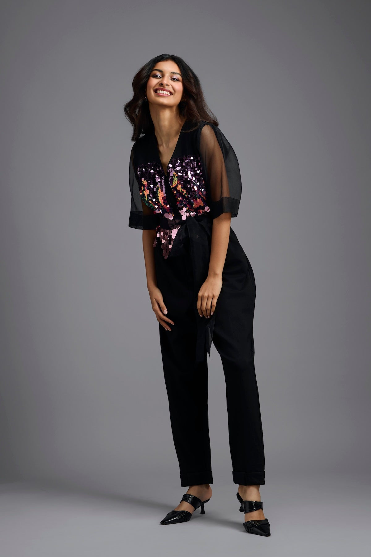 Black Sequin V-Neck Jumpsuit with Sheer Sleeves