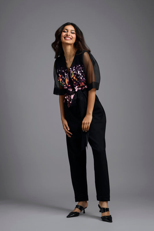 Black Sequin V-Neck Jumpsuit with Sheer Sleeves