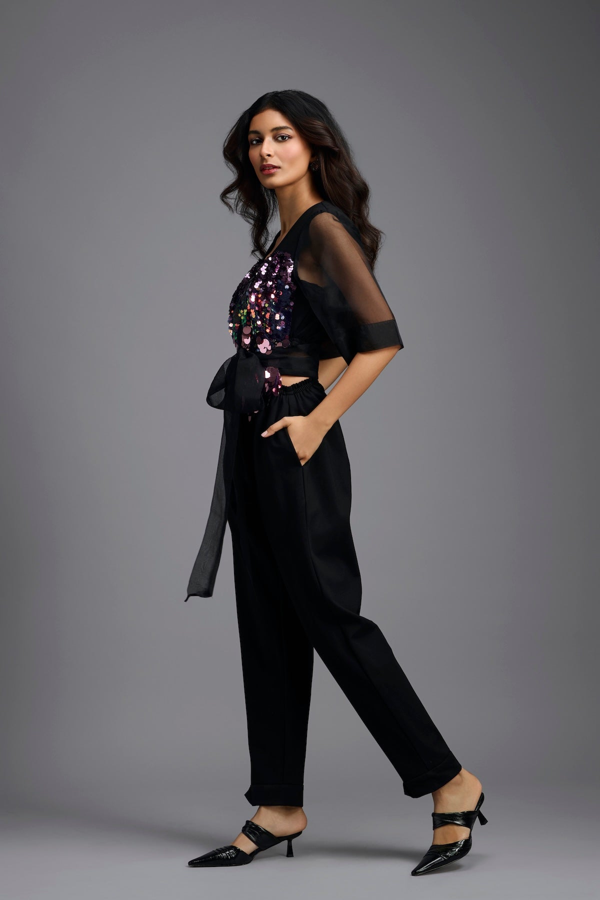 Black Sequin V-Neck Jumpsuit with Sheer Sleeves