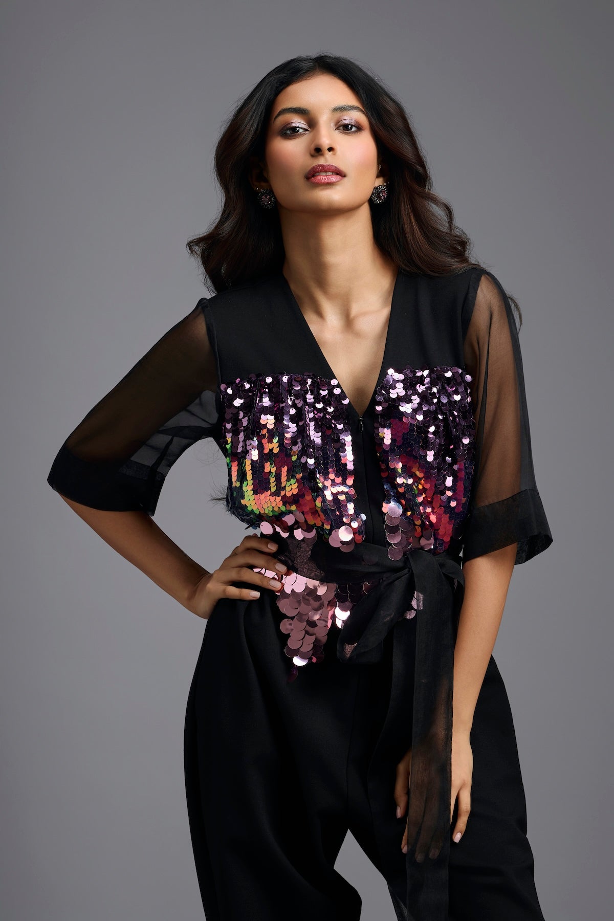 Black Sequin V-Neck Jumpsuit with Sheer Sleeves