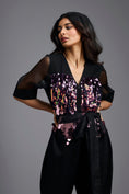Load image into Gallery viewer, Black Sequin V-Neck Jumpsuit with Sheer Sleeves
