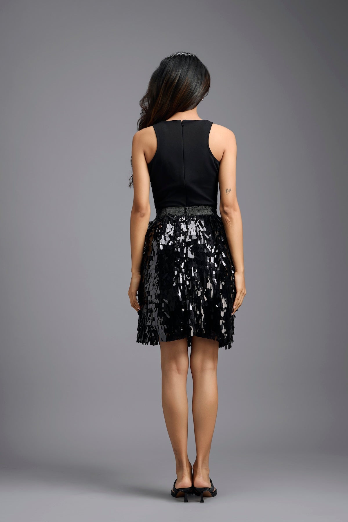 Black Sequin Mini Skirt with Dangling Tassels