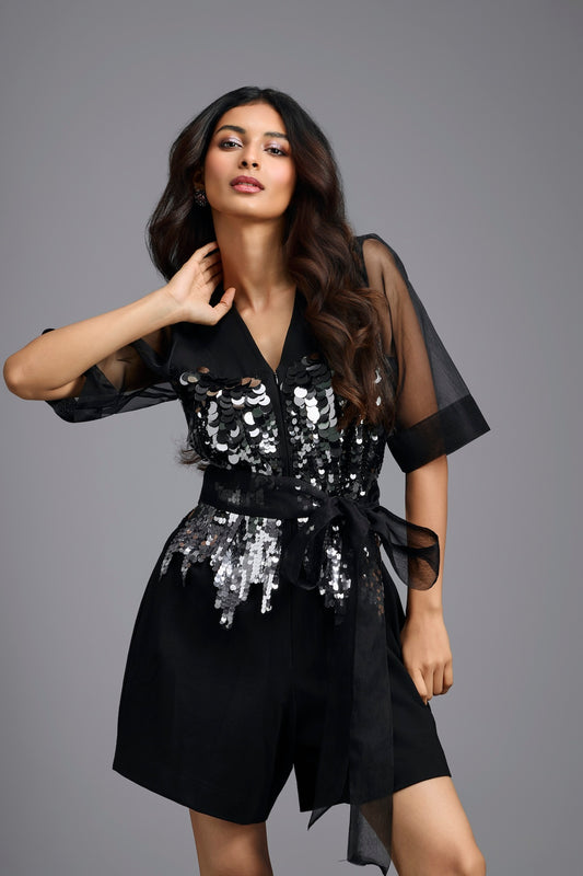 Black Sequin Playsuit with Sheer Sleeves