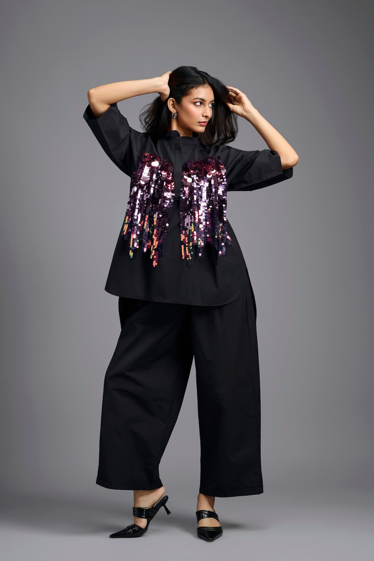 Oversized Black Sequin Shirt with Wide-Leg Pants