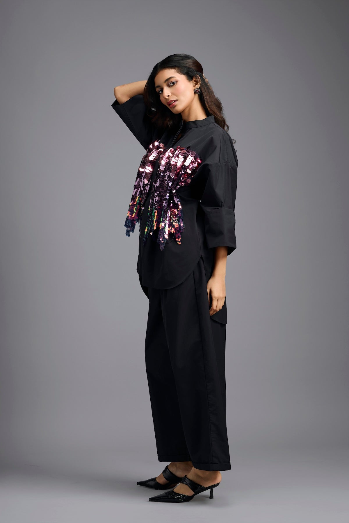 Oversized Black Sequin Shirt with Wide-Leg Pants