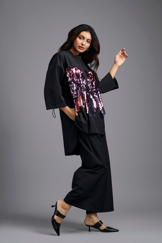 Oversized Black Sequin Shirt with Wide-Leg Pants