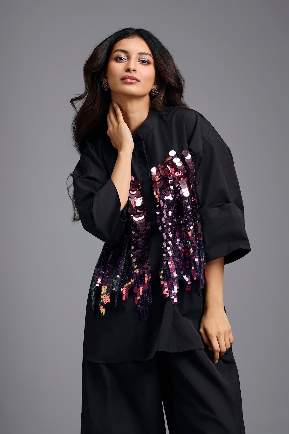 Oversized Black Sequin Shirt with Wide-Leg Pants