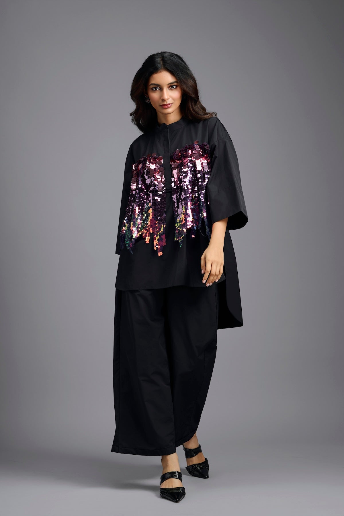 Oversized Black Sequin Shirt with Wide-Leg Pants