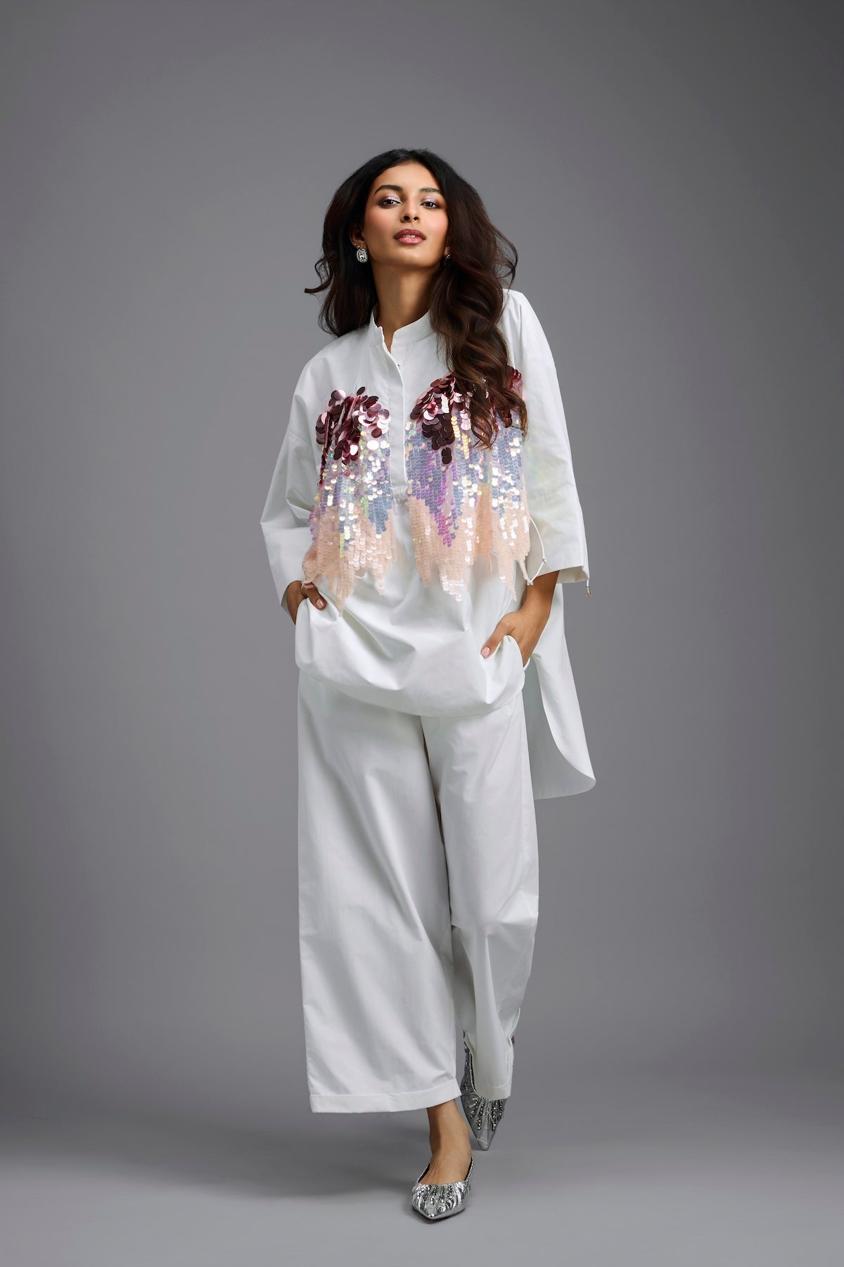 Oversized White Sequin Shirt with Wide-Leg Pants