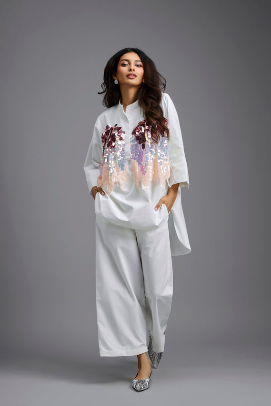 Oversized White Sequin Shirt with Wide-Leg Pants