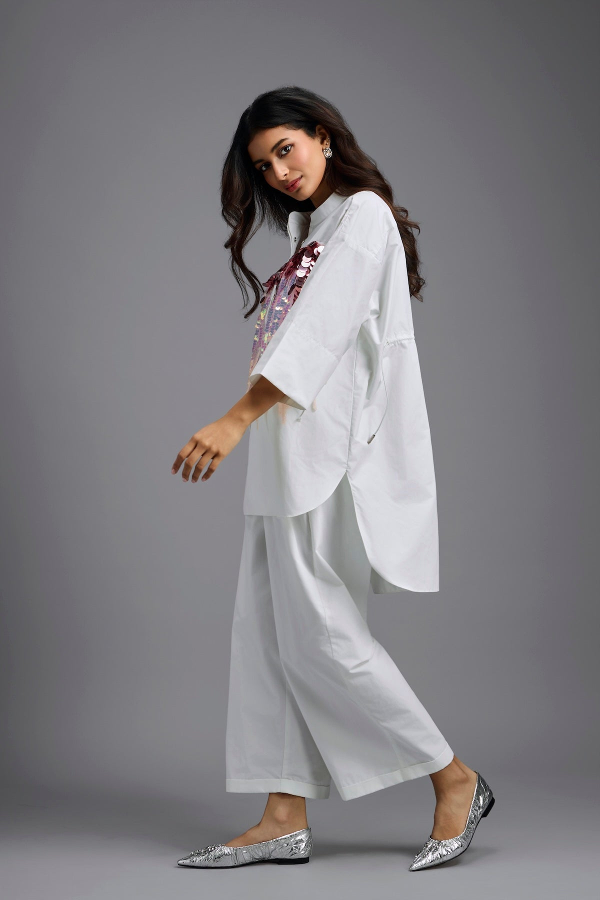 Oversized White Sequin Shirt with Wide-Leg Pants