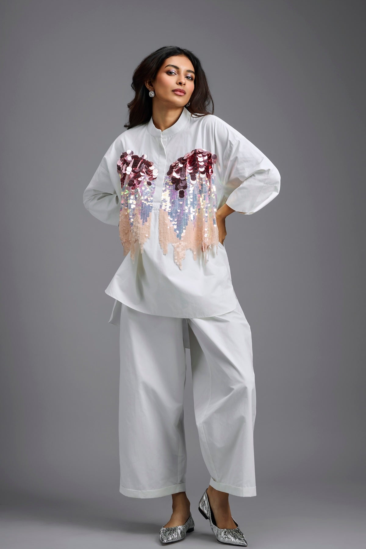 Oversized White Sequin Shirt with Wide-Leg Pants