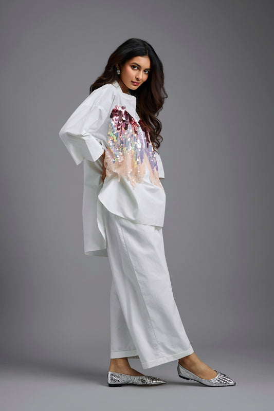 Oversized White Sequin Shirt with Wide-Leg Pants