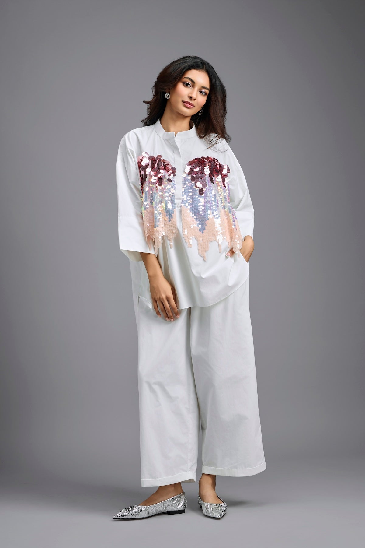 Oversized White Sequin Shirt with Wide-Leg Pants