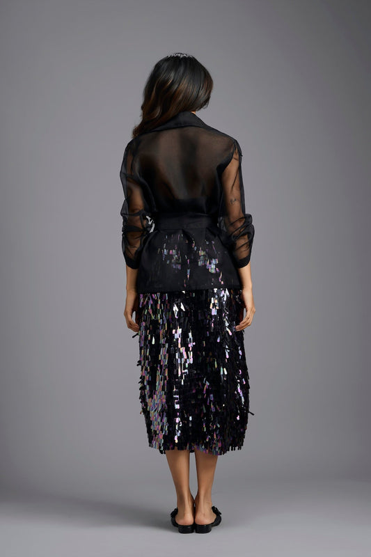 Rainbow Sequin Organza Wrap Top with Midi Skirt