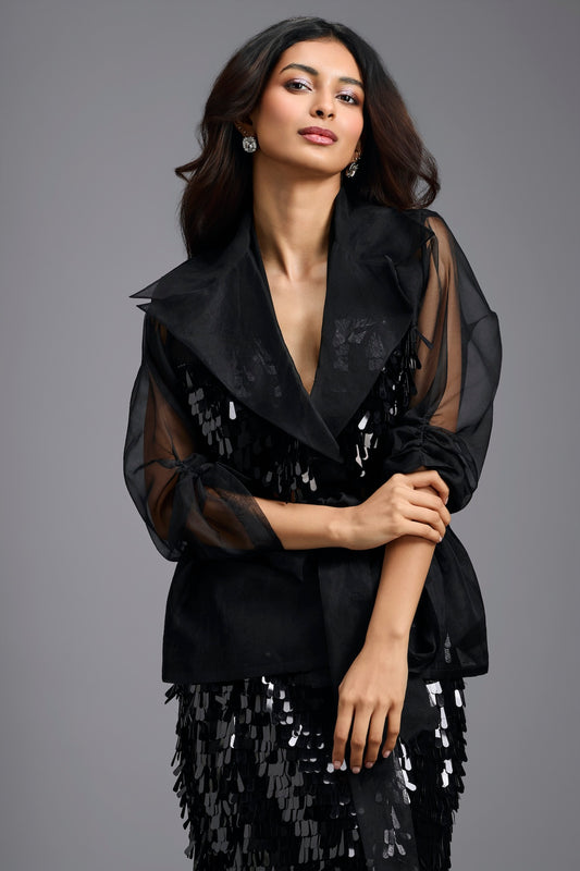 Black Organza Sleeve Sequin Wrap Top
