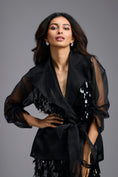 Load image into Gallery viewer, Black Organza Sleeve Sequin Wrap Top
