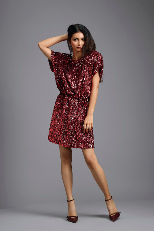Red Draped Sequin Mini Dress