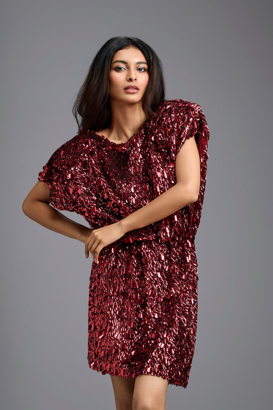 Red Draped Sequin Mini Dress