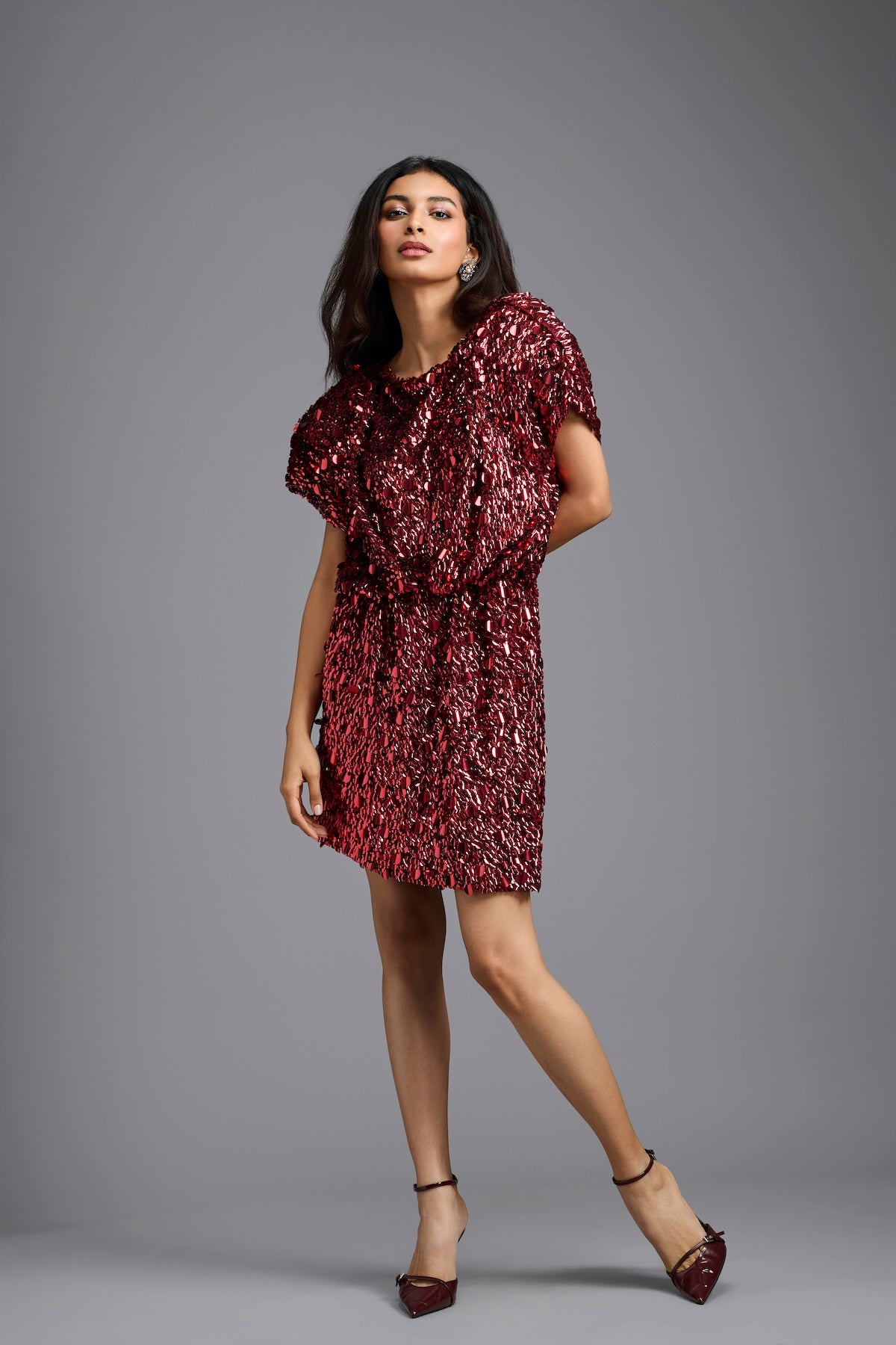 Red Draped Sequin Mini Dress