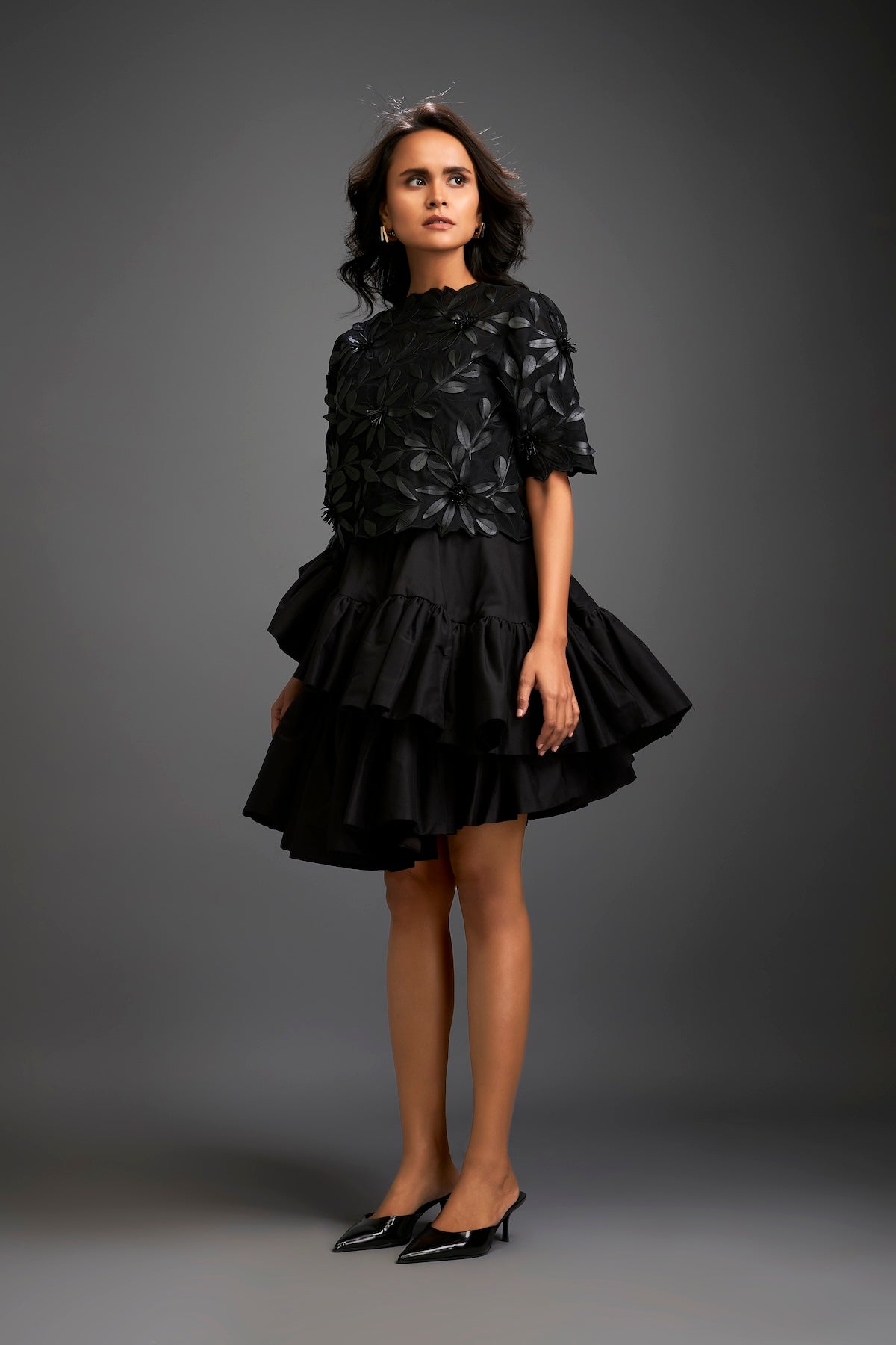 Floral Appliqué Top With Tiered Ruffled Skirt