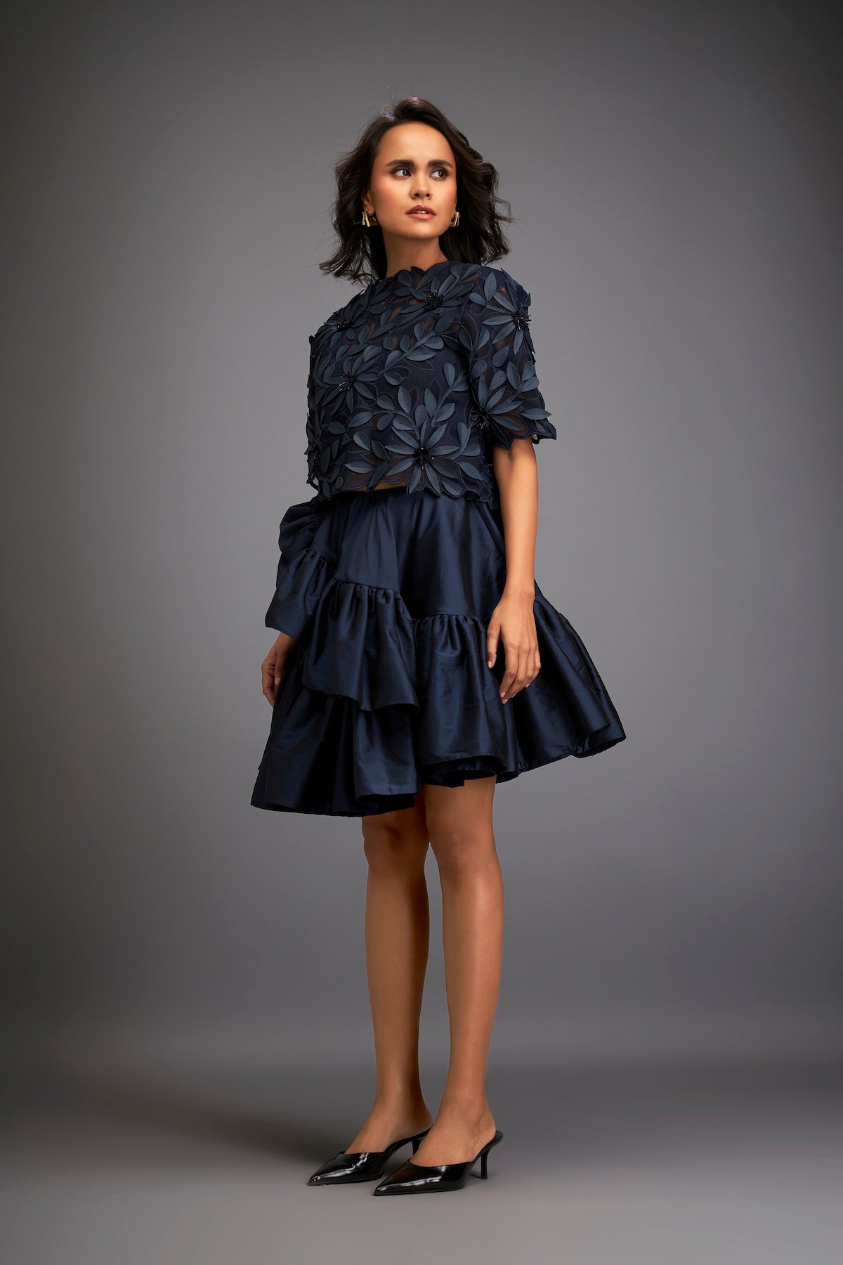 Floral Appliqué Top With Tiered Ruffled Skirt