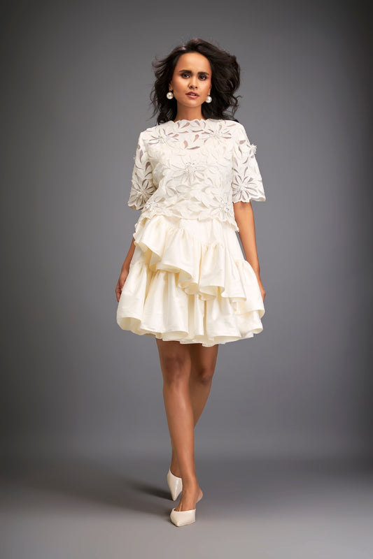 Floral Appliqué Top With Tiered Ruffled Skirt