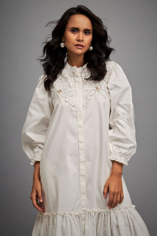 Floral Embroidered Dress With Long Structured Sleeves