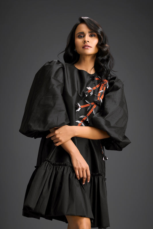 Black Puffed Sleeve Cut-Out Embroidered Dress