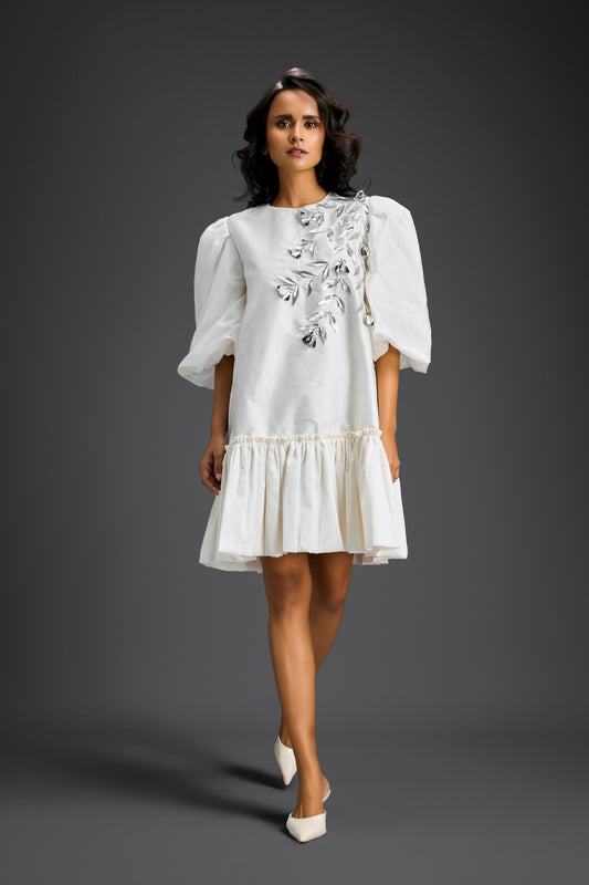 White Puffed Sleeve Cut-Out Embroidered Dress