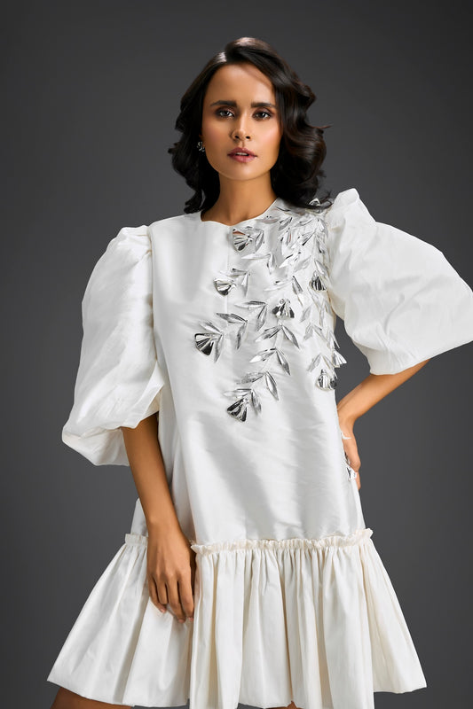 White Puffed Sleeve Cut-Out Embroidered Dress