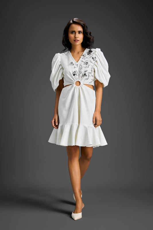 White V-Neck  Cut-Out Embroidered Dress