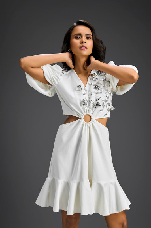 White V-Neck  Cut-Out Embroidered Dress