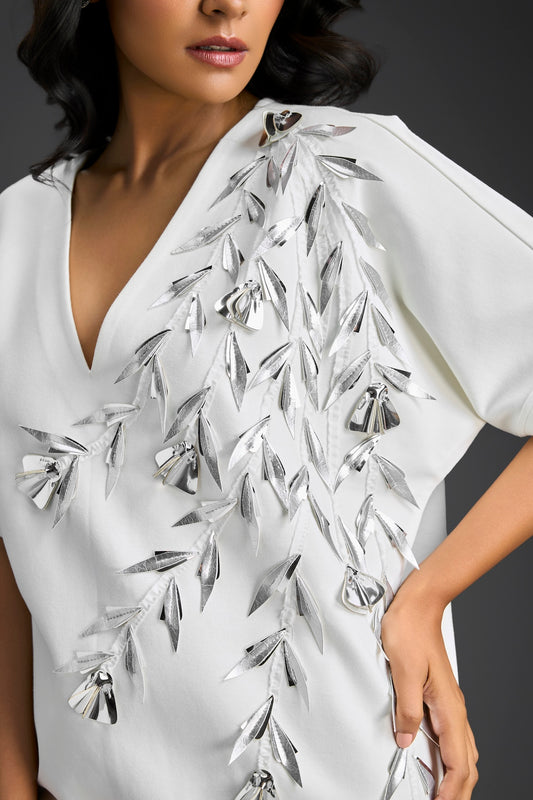 White Short Sleeves Cut-Out Embroidered Dress
