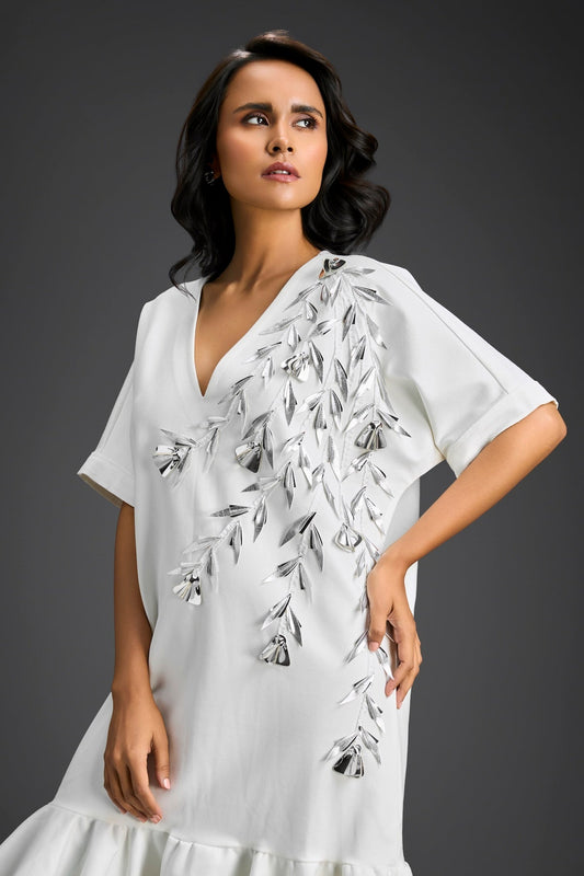 White Short Sleeves Cut-Out Embroidered Dress