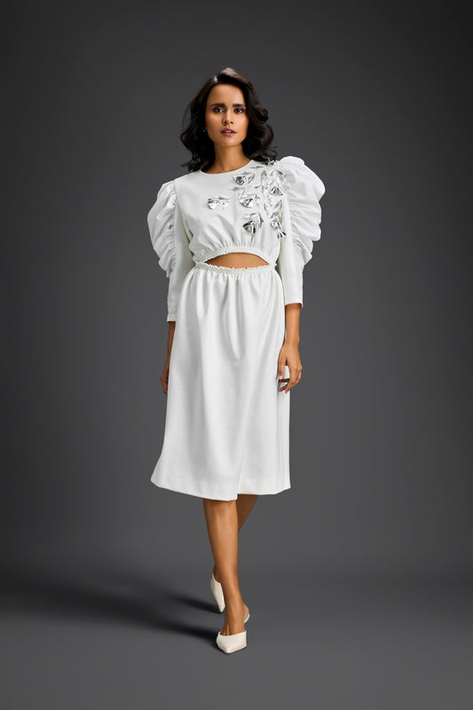 White Midriff Cut-Out Floral Embroidered Dress