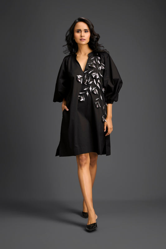 Black Dress with Green Metallic Floral Embroidery