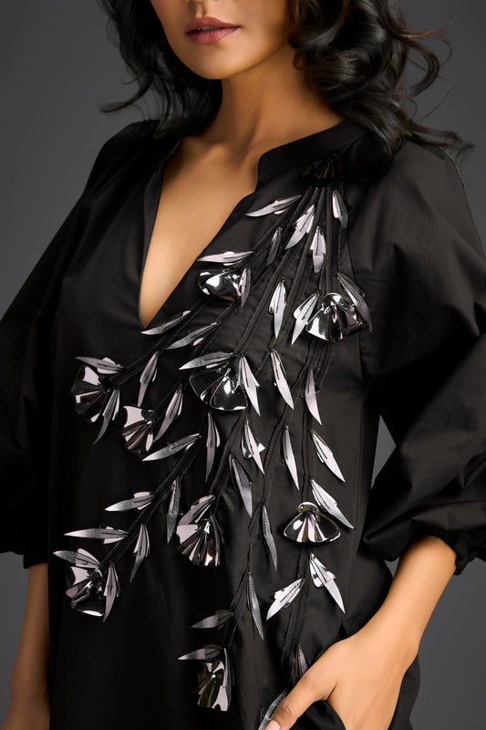 Black Dress with Green Metallic Floral Embroidery