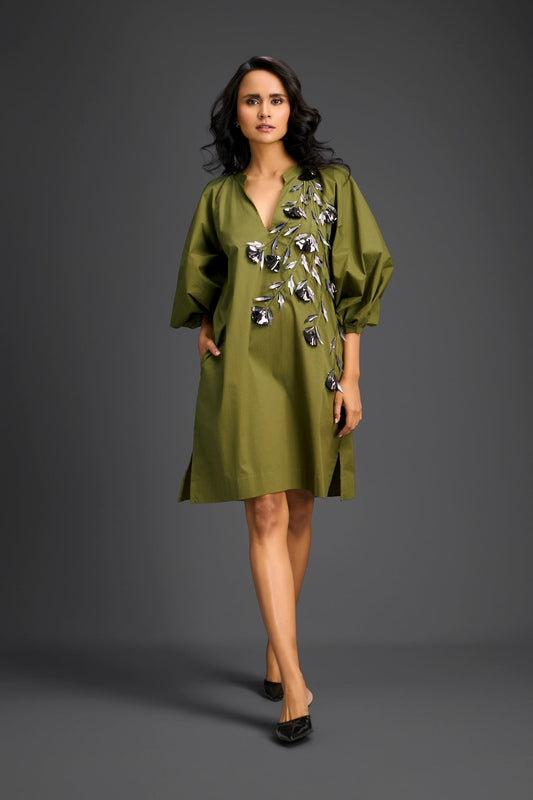 Green Metallic Floral Embroidered Dress