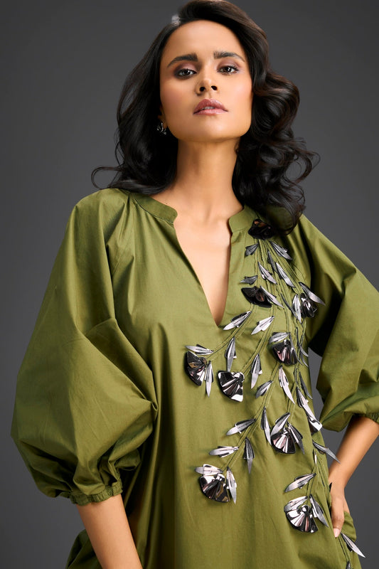 Green Metallic Floral Embroidered Dress