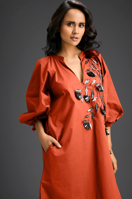 Rust Metallic Floral Embroidered Dress