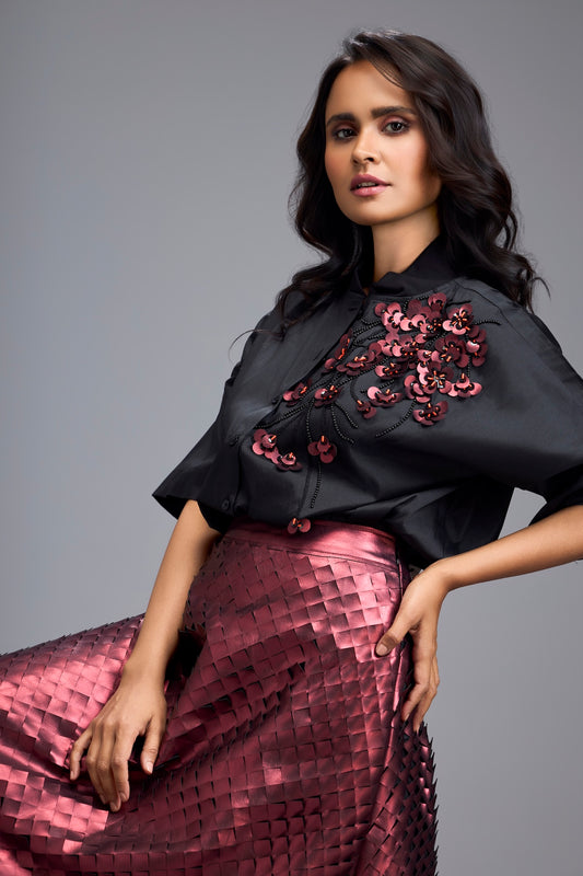 Red Tafetta Top With Intricate Embroidery