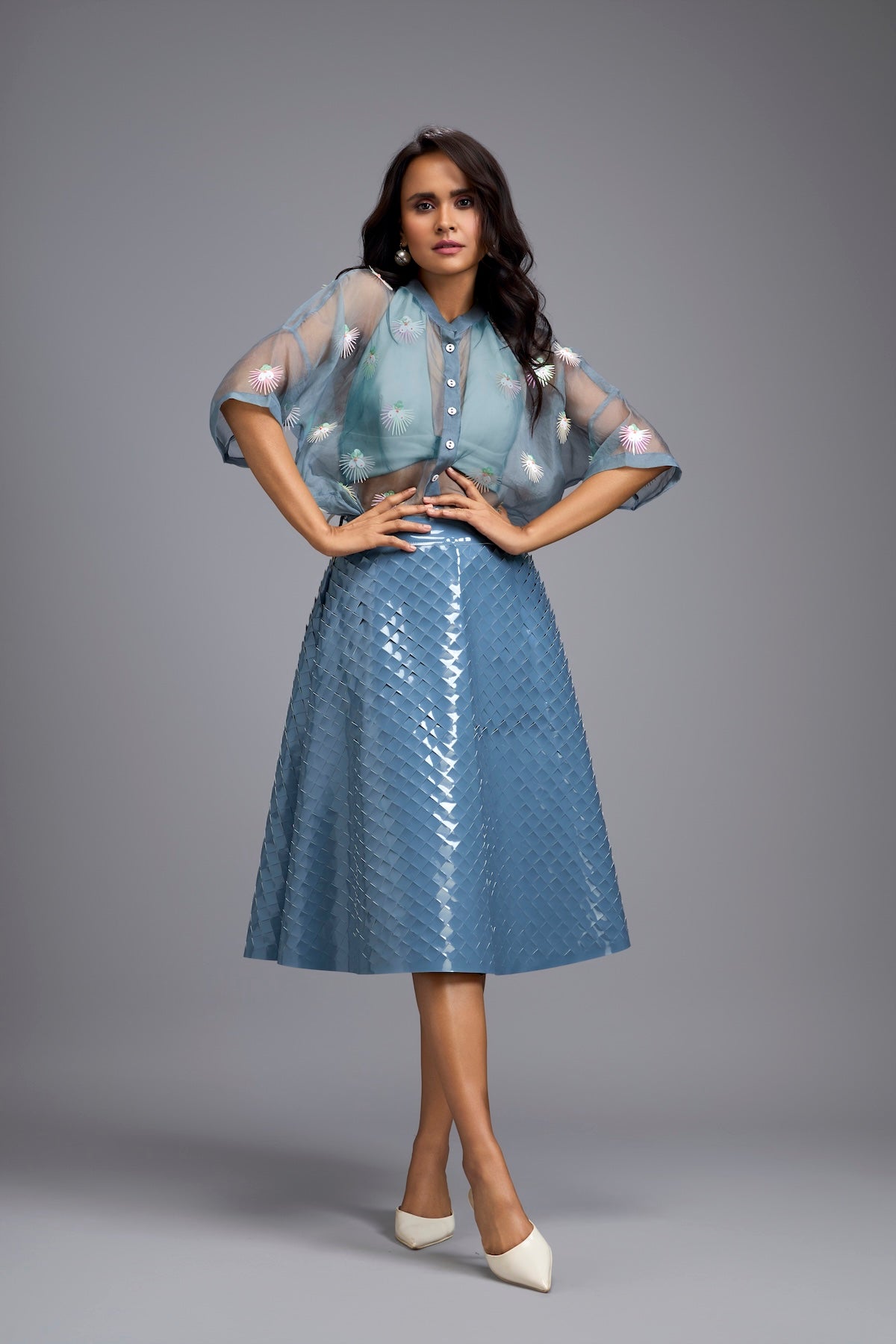 Blue Sheer Embroidered Organza Top With 3D Skirt