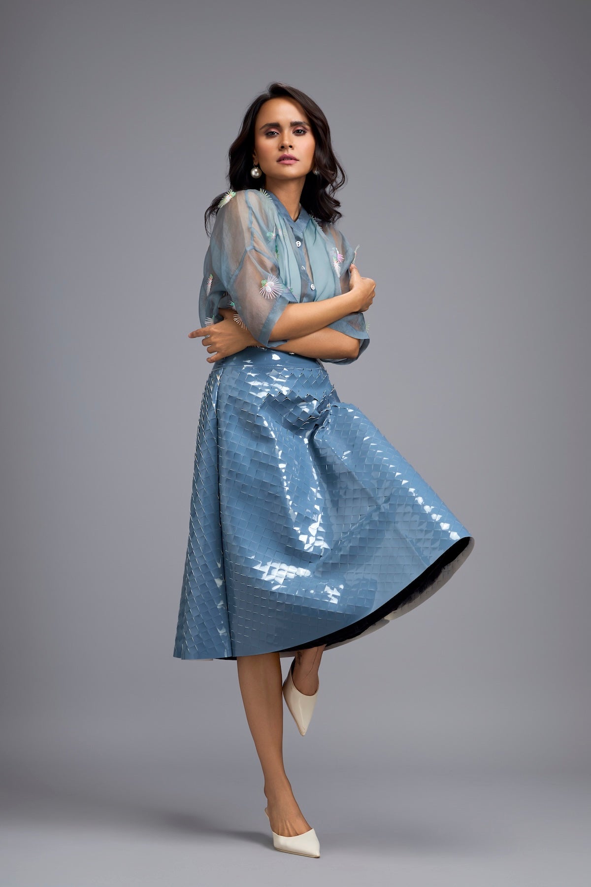 Blue Sheer Embroidered Organza Top With 3D Skirt
