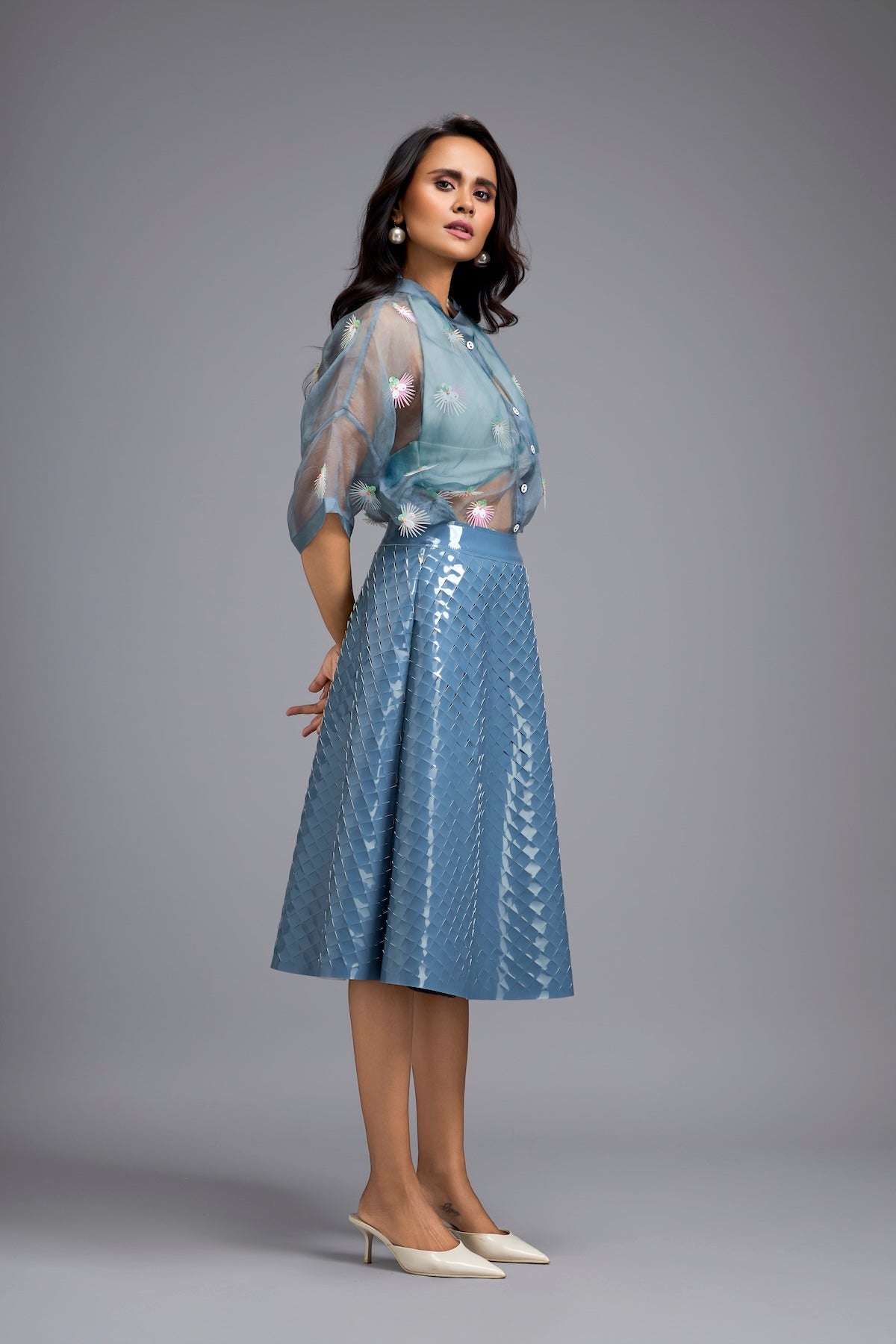 Blue Sheer Embroidered Organza Top With 3D Skirt