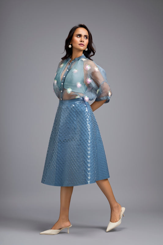 Blue Sheer Embroidered Organza Top With 3D Skirt