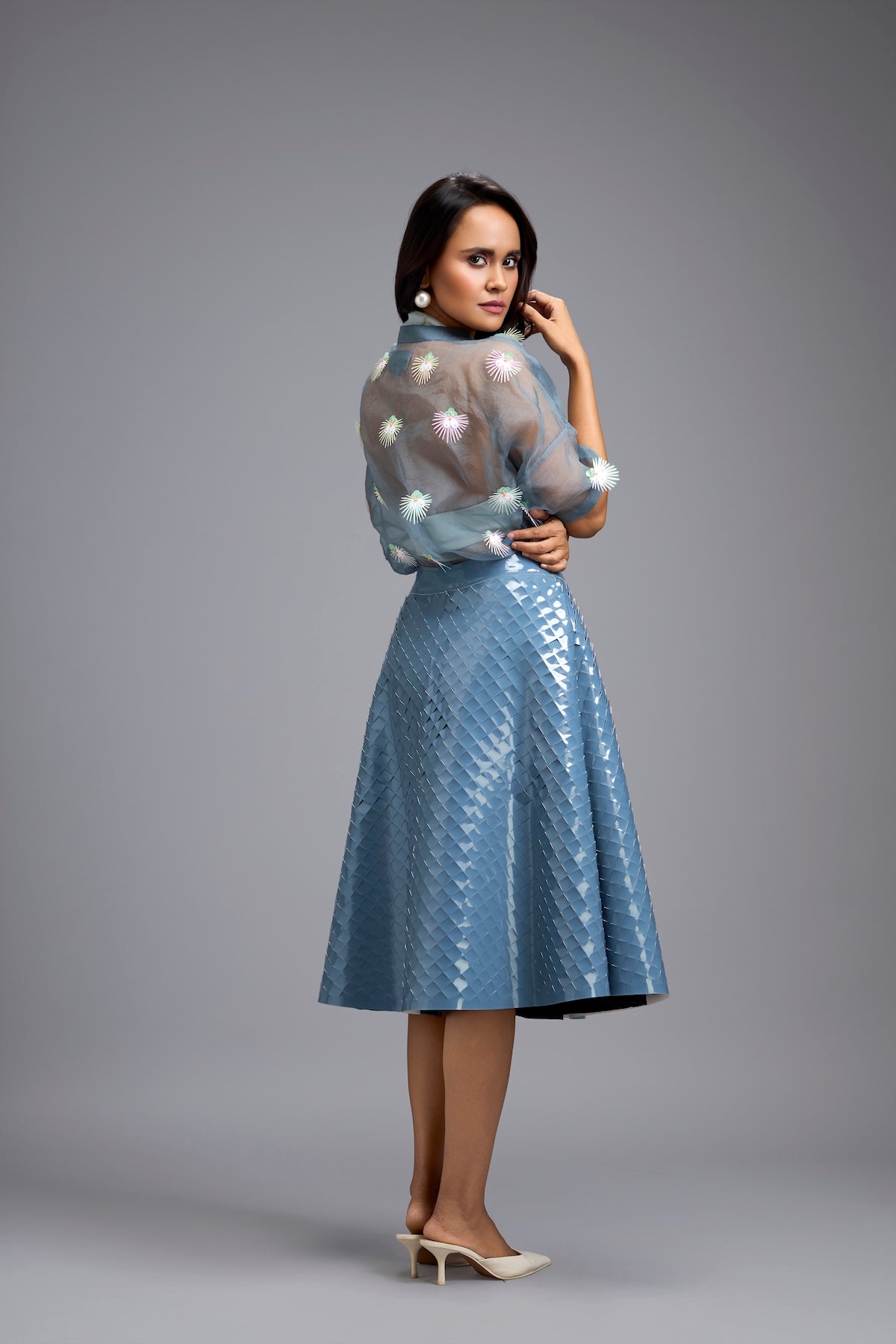 Blue Sheer Embroidered Organza Top With 3D Skirt